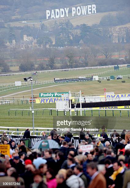 Paddy Power signage is placed on a hill over looking the race course on day 3 of the Cheltenham Festival on March 18, 2010 in Cheltenham, England.