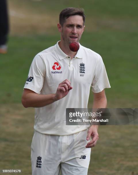 Chris Woakes of England Lions prepares to bowl during Day Three of the Tour Match between England Lions and India A at New Road on July 18, 2018 in...