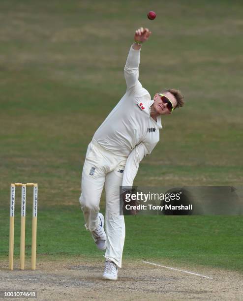 Dom Bess of England Lions bowls during Day Three of the Tour Match between England Lions and India A at New Road on July 18, 2018 in Worcester,...
