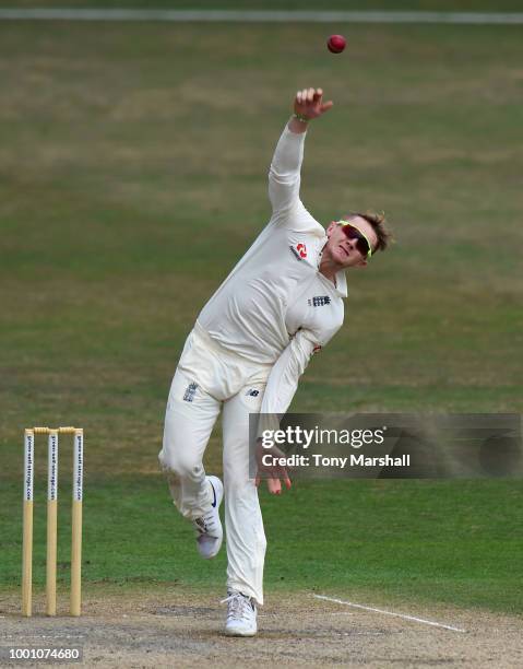 Dom Bess of England Lions bowls during Day Three of the Tour Match between England Lions and India A at New Road on July 18, 2018 in Worcester,...