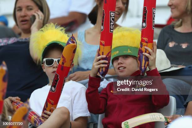 Young fans celebrate during the Vitality Blast match between Nottinghamshire Outlaws and Durham Jets at Trent Bridge on July 17, 2018 in Nottingham,...