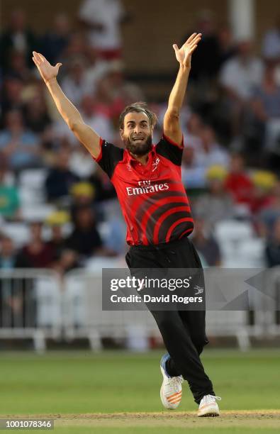 Imran Tahir of Durham celebrates during the Vitality Blast match between Nottinghamshire Outlaws and Durham Jets at Trent Bridge on July 17, 2018 in...