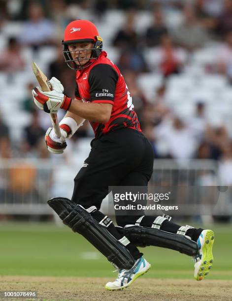 Tom Latham of Durham pulls the ball for four runs during the Vitality Blast match between Nottinghamshire Outlaws and Durham Jets at Trent Bridge on...
