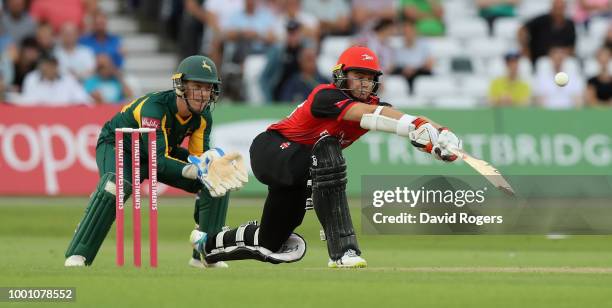 Tom Latham of Durham sweeps the ball for four runs during the Vitality Blast match between Nottinghamshire Outlaws and Durham Jets at Trent Bridge on...