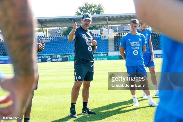 David Wagner the manager of Huddersfield Town during the Huddersfield Town pre-season training session at the PSD Bank Arena on July 18, 2018 in...