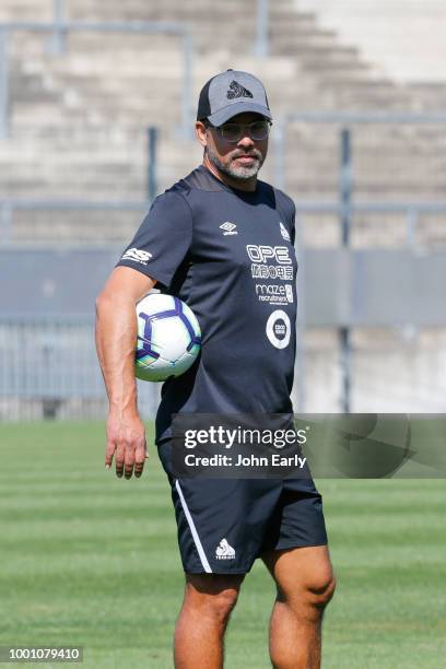 David Wagner the manager of Huddersfield Town during the Huddersfield Town pre-season training session at the PSD Bank Arena on July 18, 2018 in...