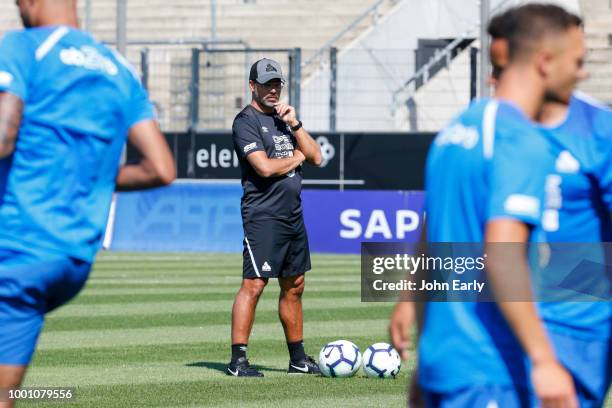 David Wagner the manager of Huddersfield Town during the Huddersfield Town pre-season training session at the PSD Bank Arena on July 18, 2018 in...