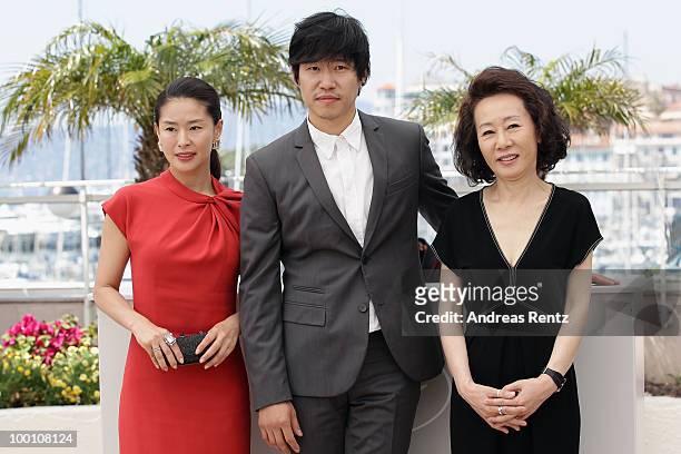 Actress Jiwon Ye,actor Joonsang Yu and actress Yuh-Jung Youn attend the 'Ha Ha Ha' Photocall at the Palais des Festivals during the 63rd Annual...