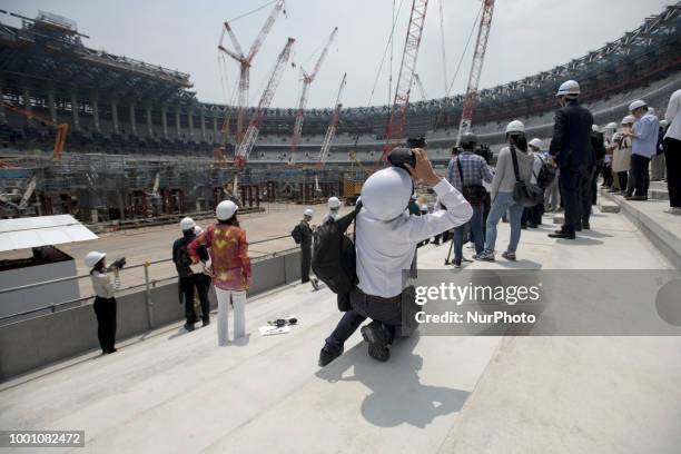 General view during the Tokyo 2020 Olympic new National Stadium construction media tour on July 18, 2018 in Tokyo, Japan. The current tempature...