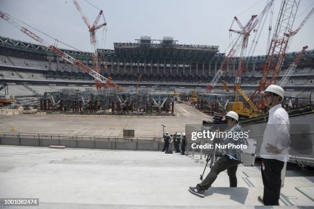 General view during the Tokyo 2020 Olympic new National Stadium construction media tour on July 18, 2018 in Tokyo, Japan. The current tempature...