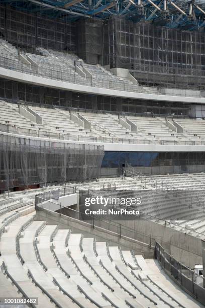 General view during the Tokyo 2020 Olympic new National Stadium construction media tour on July 18, 2018 in Tokyo, Japan. The current tempature...