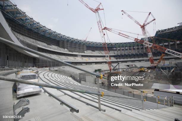 General view during the Tokyo 2020 Olympic new National Stadium construction media tour on July 18, 2018 in Tokyo, Japan. The current tempature...