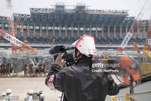 General view during the Tokyo 2020 Olympic new National Stadium construction media tour on July 18, 2018 in Tokyo, Japan. The current tempature...