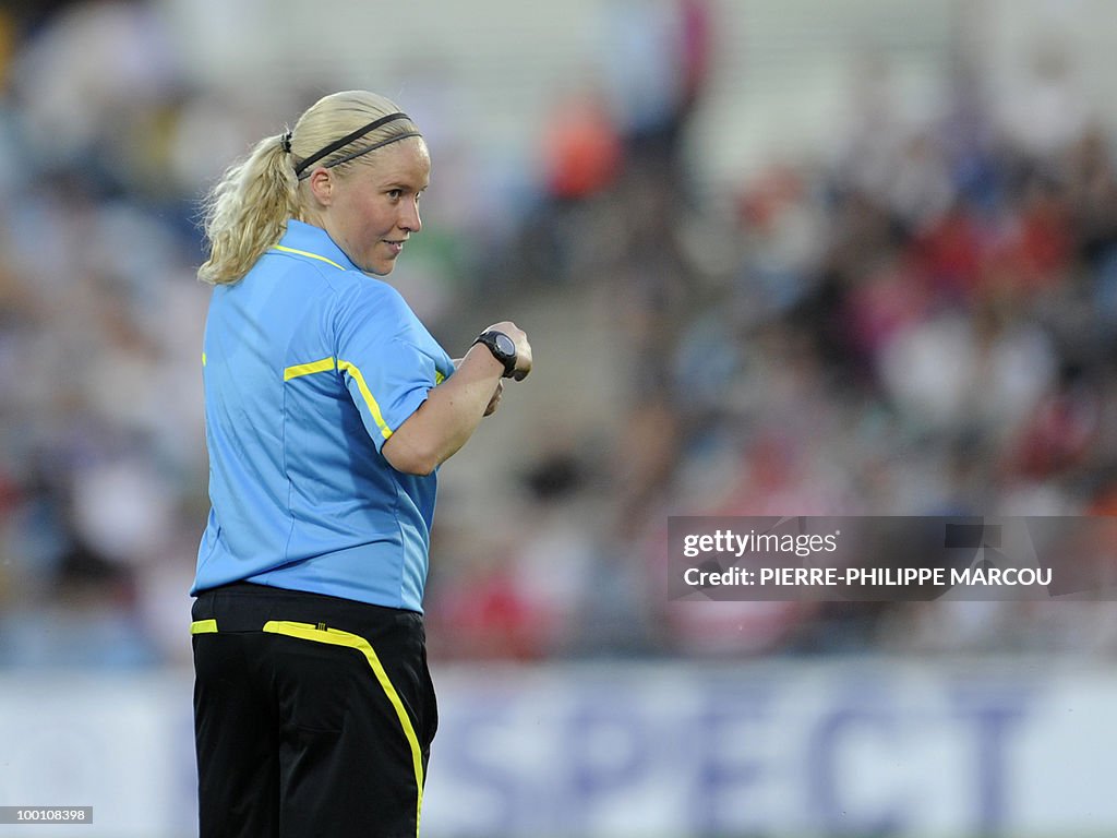 Finland's referee Kirsi Heikkinen looks