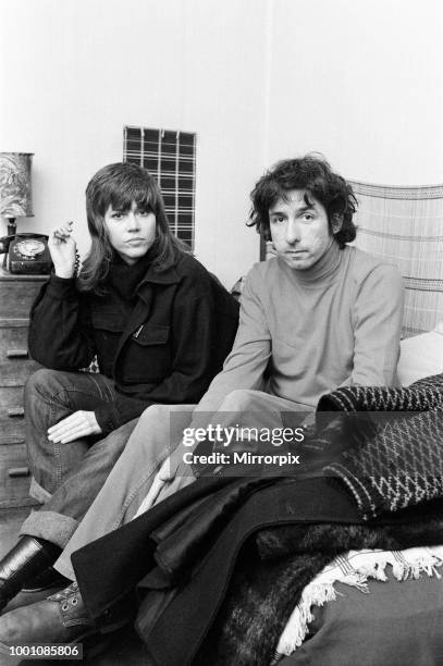 Jane Fonda pictured with her boyfriend Tom Hayden at a friends house in Camden Town. Mr Hayden has trouble with the immigration authorities at London...