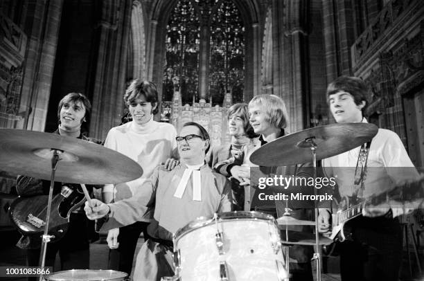 The Bee Gees perform at Liverpool Anglican Cathedral. The Bee Gees are brothers Maurice, Barry and Robin Gibb, Colin Peterson and Vince Malouney. The...