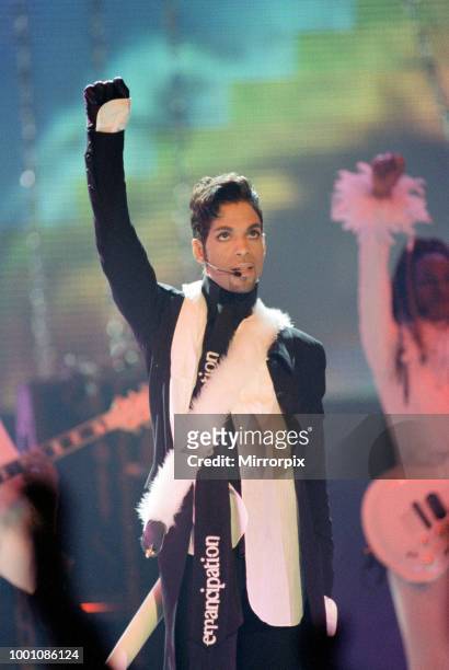 Prince performing at The Brit Music Awards at Earls Court, 24th February 1997.