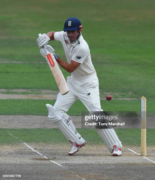 Alastair Cook of England Lions bats during Day Three of the Tour Match between England Lions and India A at New Road on July 18, 2018 in Worcester,...