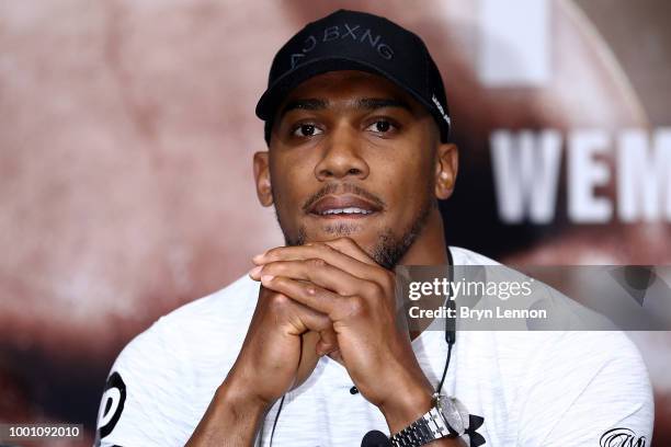 Anthony Joshua looks on during a press conference with Alexander Povetkin ahead of their fight at Wembley Stadium on July 18, 2018 in London, England.