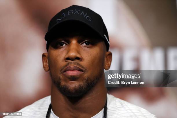 Anthony Joshua looks on during a press conference with Alexander Povetkin ahead of their fight at Wembley Stadium on July 18, 2018 in London, England.