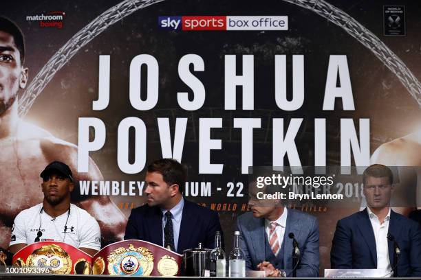 Anthony Joshua and Alexander Povetkin attend a press conference at Wembley Stadium on July 18, 2018 in London, England.