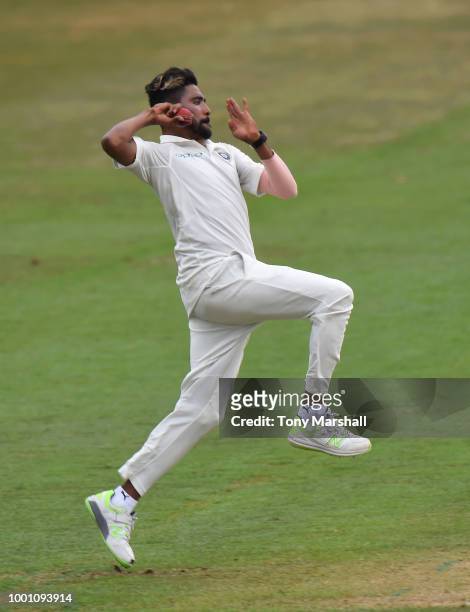 Mohammed Siraj of India A bowls during Day Three of the Tour Match between England Lions and India A at New Road on July 18, 2018 in Worcester,...