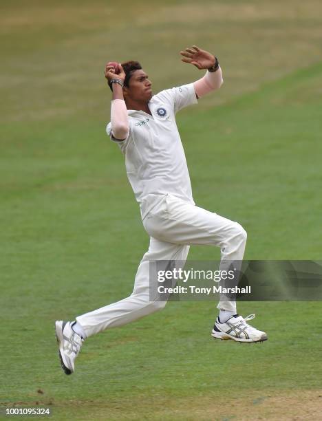 Navdeep Saini of India A bowls during Day Three of the Tour Match between England Lions and India A at New Road on July 18, 2018 in Worcester,...