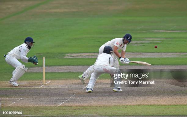 Rory Burns of England Lions bats during Day Three of the Tour Match between England Lions and India A at New Road on July 18, 2018 in Worcester,...