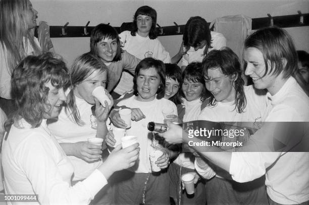 Women's International Football, England v France match. Final score 2- 0 to England. The team celebrate their win with champagne, 7th November 1974.