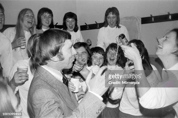 Women's International Football, England v France match. Final score 2- 0 to England. The team celebrate their win with champagne, 7th November 1974.