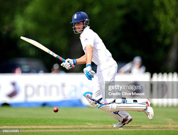 Alastair Cook of England Lions in action batting during day three of the match between England Lions and Bangladesh at The County Ground on May 21,...