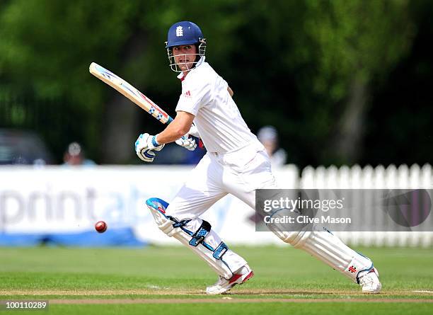 Alastair Cook of England Lions in action batting during day three of the match between England Lions and Bangladesh at The County Ground on May 21,...