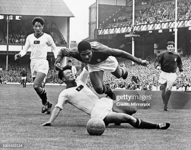 World Cup First Quarter Final match at Goodison Park, Liverpool. Portugal 5 v North Korea 3. Eusebio of Portugal takes a flying dive after a foul by...