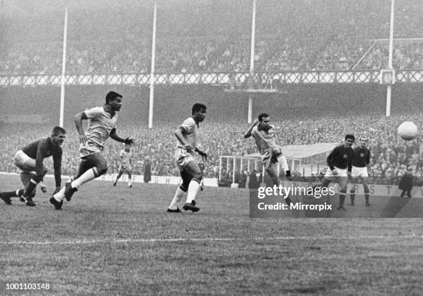 World Cup First Round Group Three match at Goodison Park, Liverpool. Hungary 3 v Brazil 1. Tostao scores the equalising goal for Brazil as teammates...