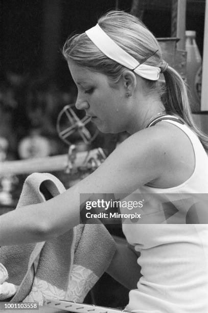 Wimbledon Tennis Championships, Ladies Quarterfinals Day, Monday 30th June 1975, our picture shows number one seed, American Chris Evert who beat...