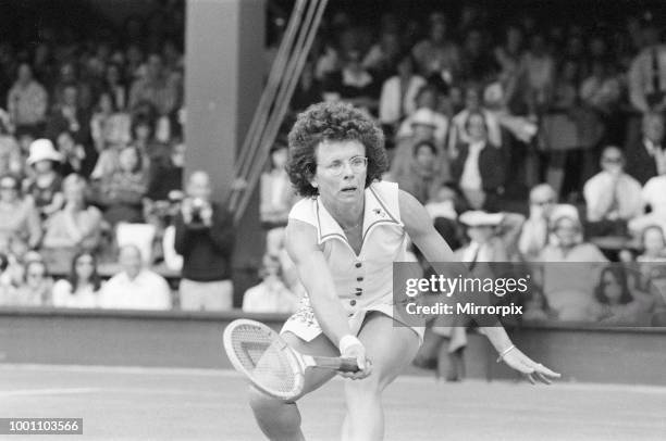 Wimbledon Tennis Championships, Ladies Quarterfinals Day, Monday 30th June 1975, our picture shows number three seed, American Billie Jean King who...