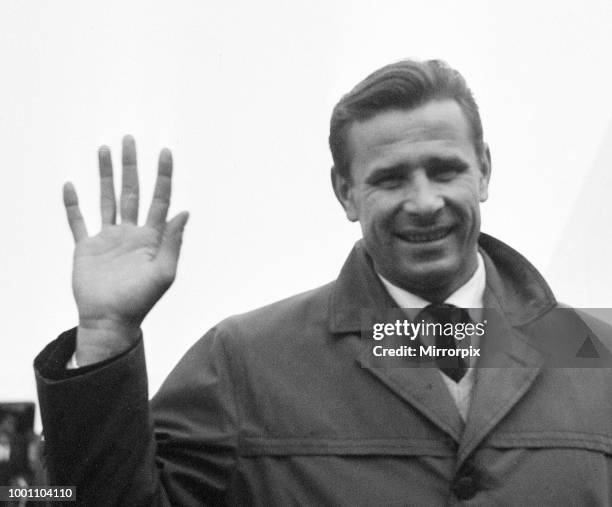 Lev Yashin, Dynamo Moscow and Soviet Union Goalkeeper arrives at Manchester Ringway Airport, he is on his way to Stoke, to take part in Sir Stanley...