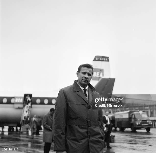 Lev Yashin, Dynamo Moscow and Soviet Union Goalkeeper arrives at Manchester Ringway Airport, he is on his way to Stoke, to take part in Sir Stanley...