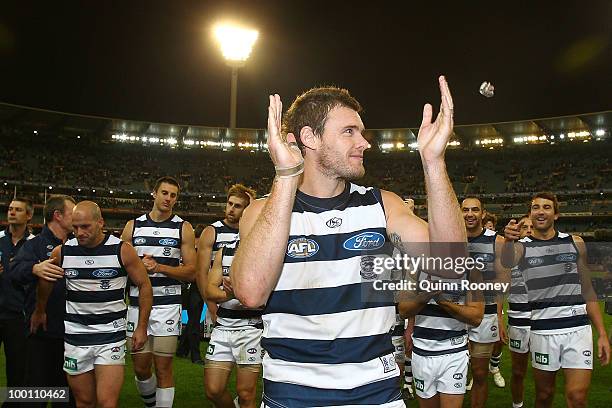 Cameron Mooney of the Cats walks off the field after playing his 200th game during the round nine AFL match between the Collingwood Magpies and the...