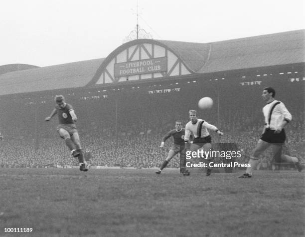 Roger Hunt of Liverpool scores his team's first goal during the European Cup semi-final, first leg against Inter-Milan at Anfield, 5th May 1965....