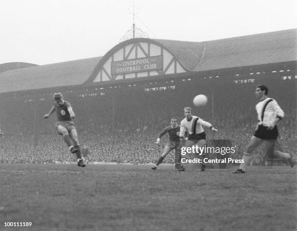 Roger Hunt of Liverpool scores his team's first goal during the European Cup semi-final, first leg against Inter-Milan at Anfield, 5th May 1965....