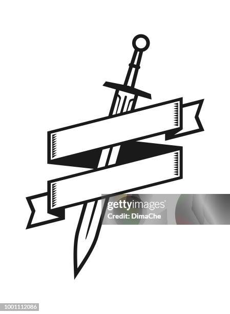 ilustraciones, imágenes clip art, dibujos animados e iconos de stock de silueta de emblema de espada - sword