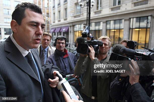 French lawyer Bernard Benaiem of former trader Jerome Kerviel of the French bank Societe Generale adresses journalists upon his arrival for a hearing...