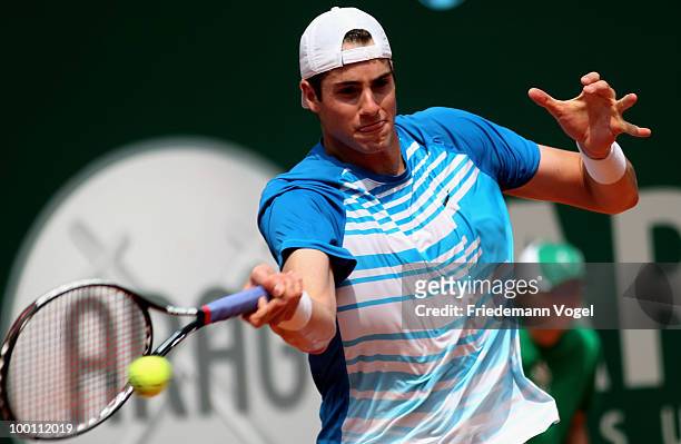 John Isner of USA in action during his match against Tomas Berdych of Czech Republic during day six of the ARAG World Team Cup at the Rochusclub on...