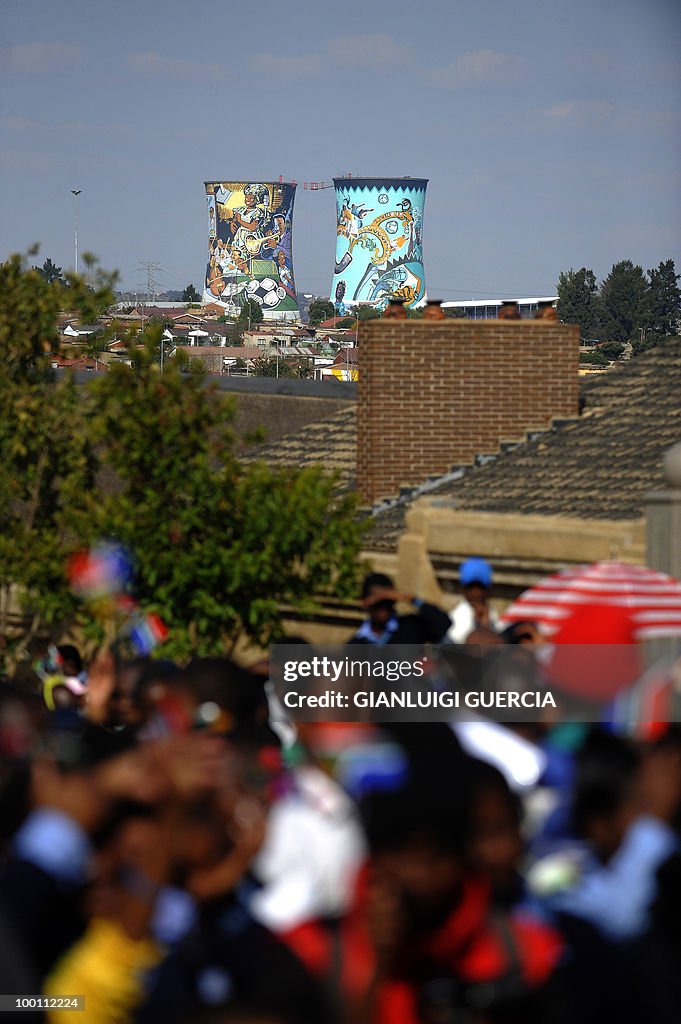 The two decorated Soweto towers are seen