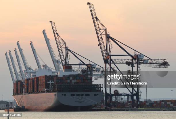 The Japan registered Meishan Bridge container ship sits in dock at the Global Container Terminal in Jersey City, New Jersey on July 14, 2018 as seen...