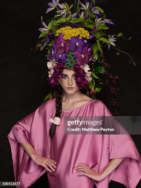 Model poses for the studio photo session at the 9th Annual "Tulips & Pansies: A Headdress Affair" at Gotham Hall on May 20, 2010 in New York City.