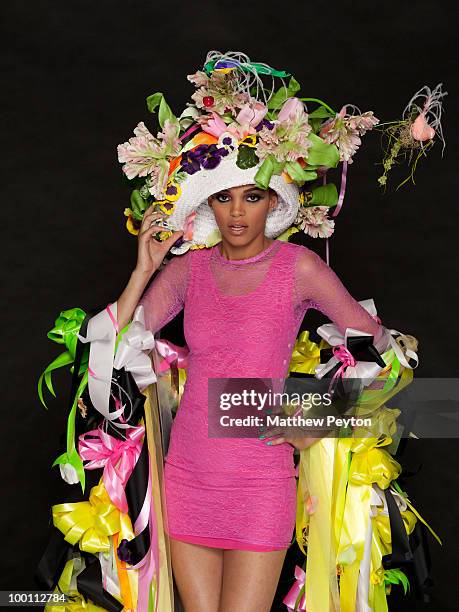 Model poses for the studio photo session at the 9th Annual "Tulips & Pansies: A Headdress Affair" at Gotham Hall on May 20, 2010 in New York City.