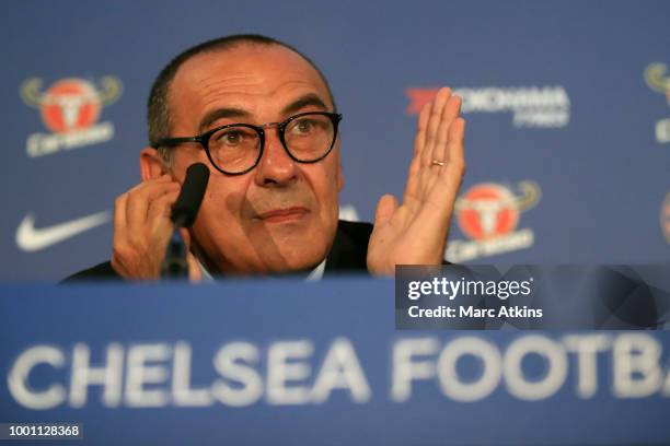 Chelsea Unveil New Head Coach Maurizio Sarri at Stamford Bridge on July 18, 2018 in London, England.