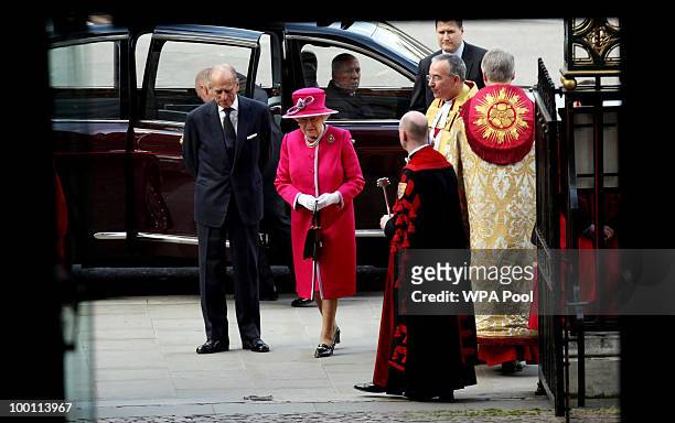 Queen Elizabeth II and Prince Philip, Duke of Edinburgh arrive to attend a service at Westminster Abbey as part of a visit to the Abbey and...